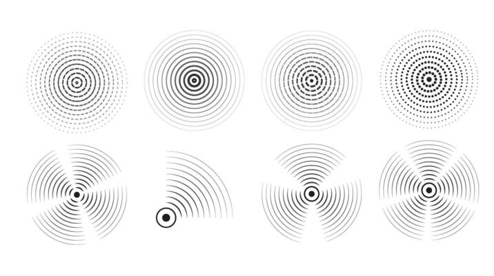 Set of black rings with sound waves, interrupted lines and dots. Rings with radial lines. Radar icon, targets, epicenter. Concentric vortex circles. illustration