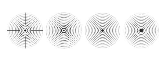 Set of black rings with sound waves, interrupted lines and dots. Sonar rings with radial lines. Radar icon, target, epicenter. Pulsating signal. concentric vortex circles. vector