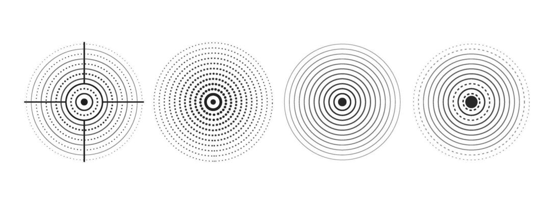 Set of black rings with sound waves, interrupted lines and dots. Sonar rings with radial lines. Radar icon, target, epicenter. Pulsating signal. concentric vortex circles.