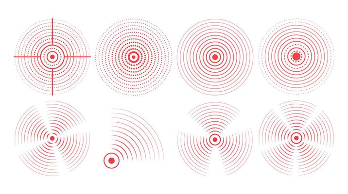 Set of red rings with sound waves, interrupted lines and dots. Rings with radial lines. Radar icon, targets, epicenter. signal concentric vortex circles.
