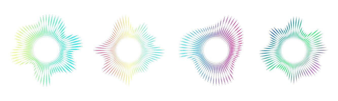 A set of neon dot circular equalizers. Audio multicolor waves. Music symbol, circular sound waves. radial spectrum.