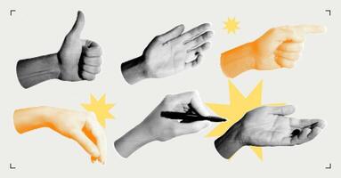 Set of halftone images of hands. Pop art retro style illustration vector