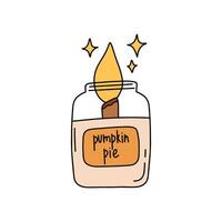 Burning candle with pumpkin pie scent in doodle style. Aroma candle in a transparent jar with a wooden wick. Hand drawn illustration isolated on white background. vector
