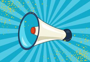 Loudspeaker on a blue background with diverging rays in pop art style. Concept of announcement, advertising, sale. vector