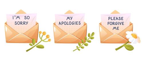 set of handwritten apology letters on paper and in open craft envelope, forgive me please, I am so so so sorry. With green plants and flowers. Beautiful message sorry, regret, beg your pardon. vector