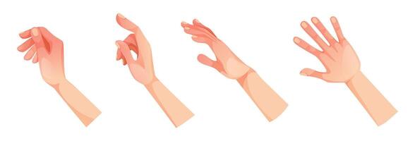 set of different human hand gestures on white background. Hand, wrist and fingers. Hands in different situations, gesticulation, hand gestures, finger movements, signals and signs. vector
