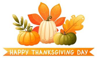 illustration for thanksgiving greeting. Happy Thanksgiving text with autumn leaves and pumpkins. Color illustration for holiday greeting card, invitation, web banner. vector