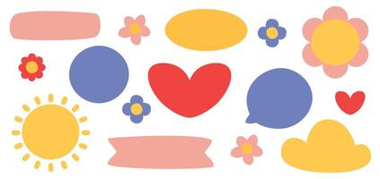 set of figures of different shapes, colored, figure in the form of a heart, sun, cloud, flower, circle. Cute stickers of simple shape, design element suitable for banners, prints, stickers. vector