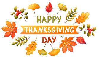 illustration for thanksgiving greeting. Happy thanksgiving text with autumn leaves and berries. Color illustration for holiday greeting card, invitation, web banner. vector