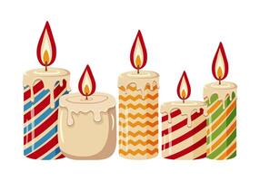 Group of Decorative Christmas Candles with Colorful Pattern and Melting Wax. Illustration for Holiday Design. vector