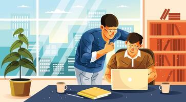 Two Young Men in Front of Computer Illustration vector