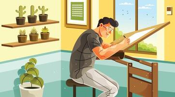 Young Architect Drawing at Studio Drafting Table vector