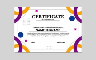 It depicts a certificate template with purple orange and blue design elements. vector