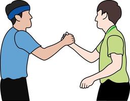Two athletes in a post-game handshake, symbolizing sportsmanship and teamwork. Features a blue-shirted player with a headband and a green-shirted opponent. Suitable for sports blogs, posters vector