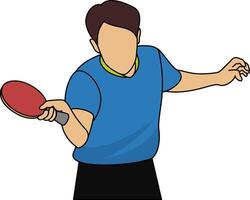 Flat illustration of a table tennis player in a blue shirt, preparing to serve with a red paddle. Perfect for sports graphics, table tennis-related content, or athletic themes vector