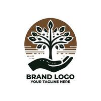 flat logo of a tree with one branch extending into a minimalist hand vector