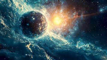 Animation A mesmerizing digital painting of a celestial body, bathed in the vibrant hues of a nebula, evokes a sense of wonder and mystery. The interplay of light and shadow creates a dramatic. video