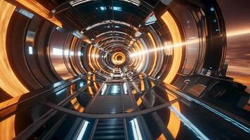 Animation Futuristic Spaceship Corridor A mesmerizing journey through a sleek, metallic spaceship corridor, illuminated by vibrant orange and blue neon lights.The path ahead beckons. video