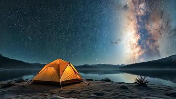 Milky Way Night Camping A lone tent illuminated by soft light on the shores of a lake beneath the enchanting Milky Way promises to transport you into the tranquility of nature. video