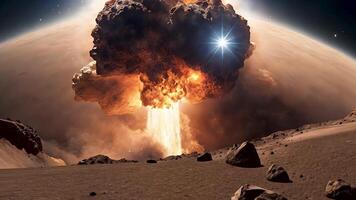 Animated visuals take place on the desolate landscape of Mars as nuclear bombs engulf the planet. video