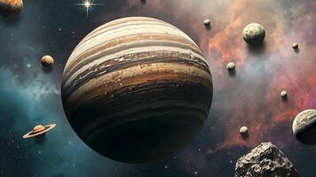 Animation Jupiter and its Moons A majestic cosmic panorama featuring Jupiter, the largest planet in our solar system, surrounded by its numerous moons, asteroids, and a swirling nebula video