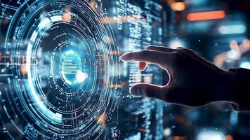 Digital Innovation A hand interacts with a futuristic, holographic interface, exploring data streams and technological advancements. This image represents the future of technology, innovation. video