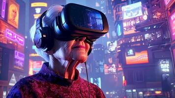 Senior Citizen Embracing Virtual Reality a senior woman wearing a VR headset stands against a backdrop of neon lights, embodying the potential for technology to bridge generational divides. video