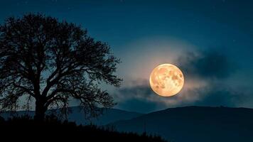 Animation A majestic full moon, bathed in warm, golden light, illuminates a silhouette of a solitary tree against the backdrop of rolling hills and wispy clouds. video