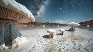 A surreal landscape of giant mushrooms under the Milky Way galaxy, reflected on a tranquil salt lake, is a beautiful and peaceful scene that seems to have come from another world. video