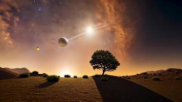 Animation A solitary tree stands sentinel against a breathtaking alien sunset, a vibrant nebula overhead, and a mysterious planet gliding across the sky. video
