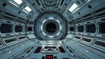 Sci-fi interior with a brightly lit futuristic spaceship corridor with glowing neon lights leading to a spacecraft door ahead, evoking advanced technology, space exploration video