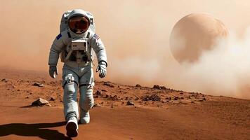 Animated astronaut on Mars An astronaut walks alone across the red landscape of Mars, a distant planet visible in a dusty sky. This image evokes a sense of wonder and exploration. video