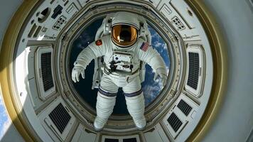 Astronaut animation in space station. Incredible fisheye view of an astronaut floating weightlessly in the space station looking out to Earth. video