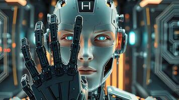 The Future is Now. Close-up of a humanoid robot. Blue eyes reflect the technological world around it. This image evokes both wonder and potential. video