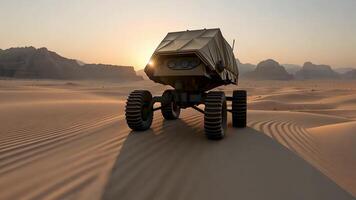 Animation A futuristic all-terrain vehicle traverses the majestic Wadi Rum desert landscape at sunset.The vehicle's design blends rugged functionality with sleek aesthetics. video