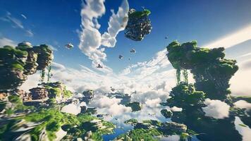 Animation Surreal landscape, lush green island floating above a reflective lake,surrounded by other rocks and clouds. A dreamy, otherworldly scene. video