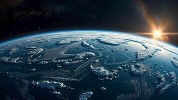 Animated A stunning view of our planet from space, bathed in the golden light of a rising sun. This image evokes a sense of wonder and fragility of our planet. video