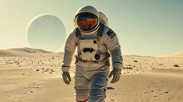 Animation Astronaut on Alien Planet A lone astronaut in a spacesuit walks across the desolate, sandy landscape of an alien planet, with a large celestial body looming in the background. video