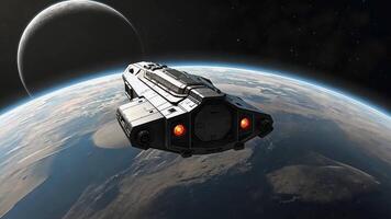 Animation A sleek futuristic spacecraft navigate the vast expanse of space, soaring above a distant planet with its moon in the background. video