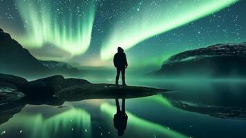 Animation A Lone Witness to the Aurora Borealis.A solitary figure stands in awe as the ethereal green glow of the Northern Lights illuminates the night sky, reflecting on the water's surface. video