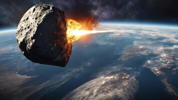 Meteor colliding with a moonlike planet in deep space above Earth, capturing the dramatic cosmic event with asteroid fragments and a celestial backdrop, showcasing galactic chaos and astronomy wonder video