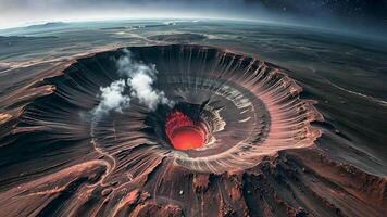 Animation Volcanic Crater Aerial View Breathtaking aerial shot of a volcanic crater with glowing lava visible at the bottom. The image captures the immense power and beauty of nature. video