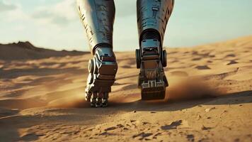 Animation Cybernetic Steps in the Desert.A close-up shot of a metallic, futuristic robotic leg traversing a barren desert landscape, kicking up dust with each stride. The image evokes video