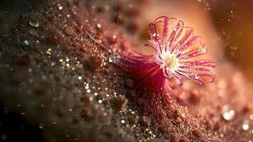 Animated Bright Pink Sea Anemone With Fragile Tentacles Blooming In This Mesmerizing Underwater Macro Shot, Bathed In Warm Sunlight And Surrounded By Glittering Particles. video