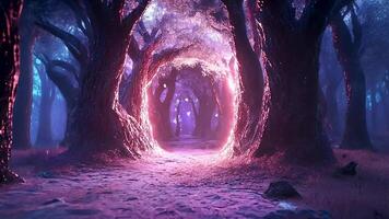 Animation A path through a dense forest leads to a glowing, ethereal portal, inviting viewers to explore the unknown and embrace the mystical. video