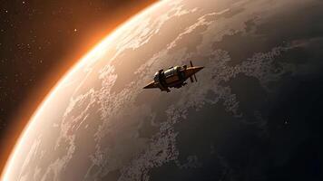 Sci-fi scene of a small spaceship hovering over a radiant orange planet, set in the cosmic void of deep space, perfect for space exploration and technology themes video