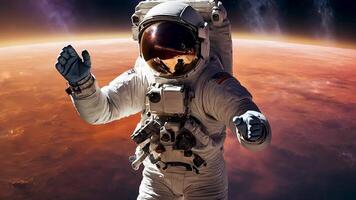 Astronaut zuerst Schritte auf mars.a einsam Astronaut schwimmt über das Marsmensch Landschaft, ein Szene von unglaublich Erkundung und Entdeckung, und erfasst das unglaublich Schönheit von das Universum. video