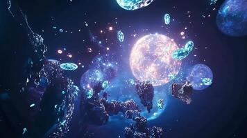 A mysterious scene in outer space showcasing floating blue glowing crystals and rocks in a cosmic landscape, with a luminous planet adding to the surreal beauty of this distant, uncharted space realm video