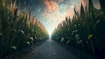 Sci-fi anime-inspired scene of walking through a mysterious cornfield path beneath a cosmic sky filled with vibrant stars and a breathtaking multi-hued galaxy video