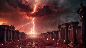 An animation of the ruins of the apocalypse. A lone figure amidst fiery ruins and a raging storm, it is a stunning reflection of destruction and desolation. video